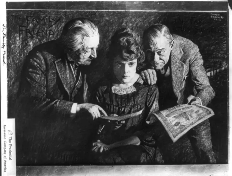 black and white photo of two men showing insurance policies to a young girl