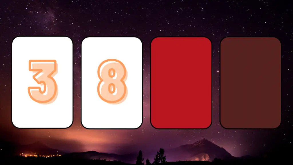 Four cards, a 3, and 8, a red one, and a brown one