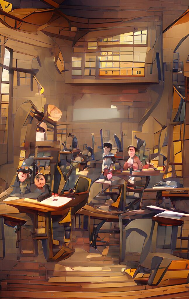 Artwork showing a class full of students