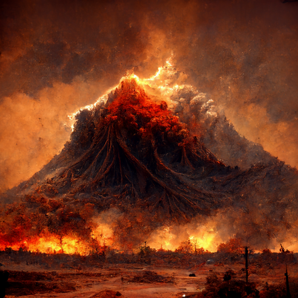 A digital drawing of the largest volcano in history erupting