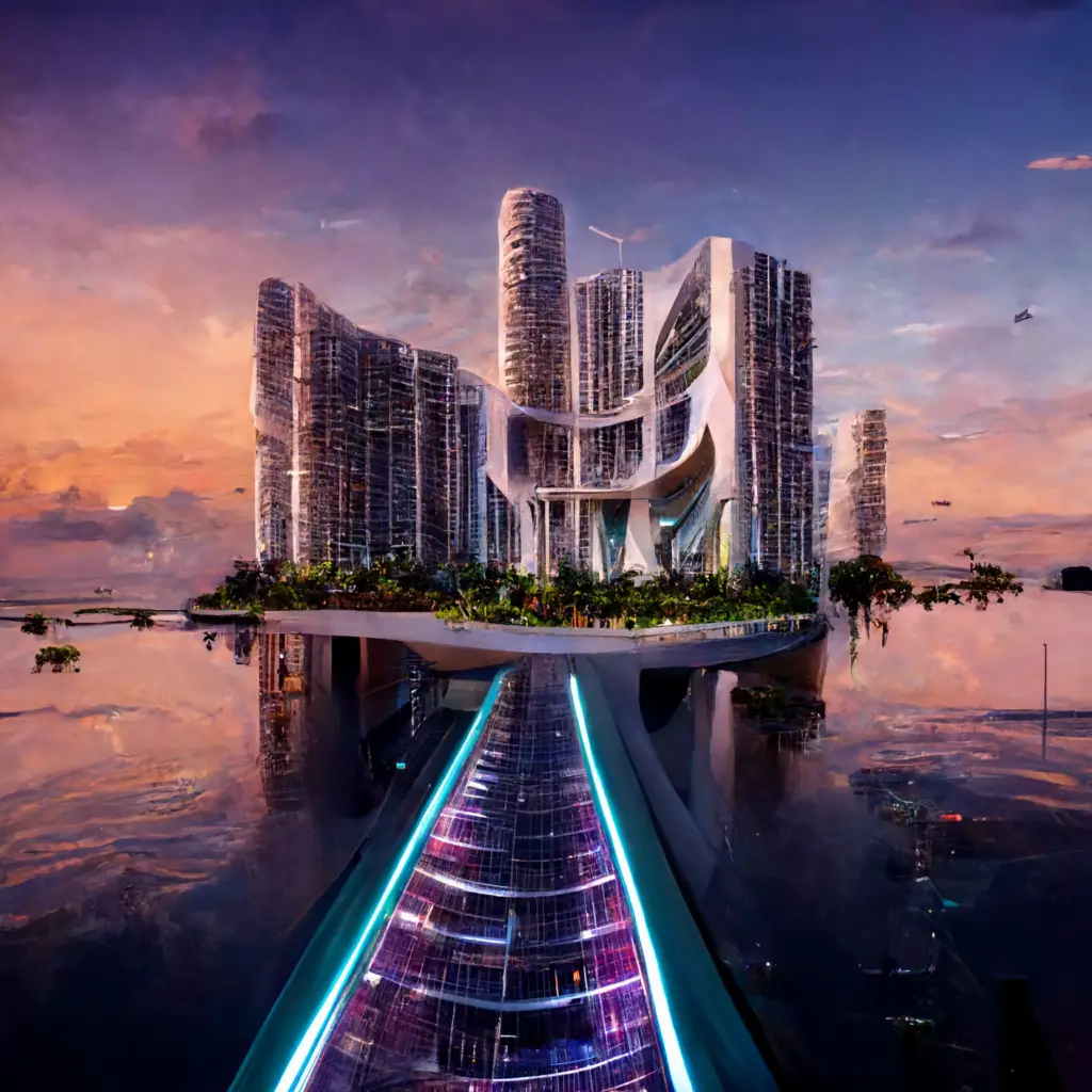 A digital rendering of a futuristic tropical city