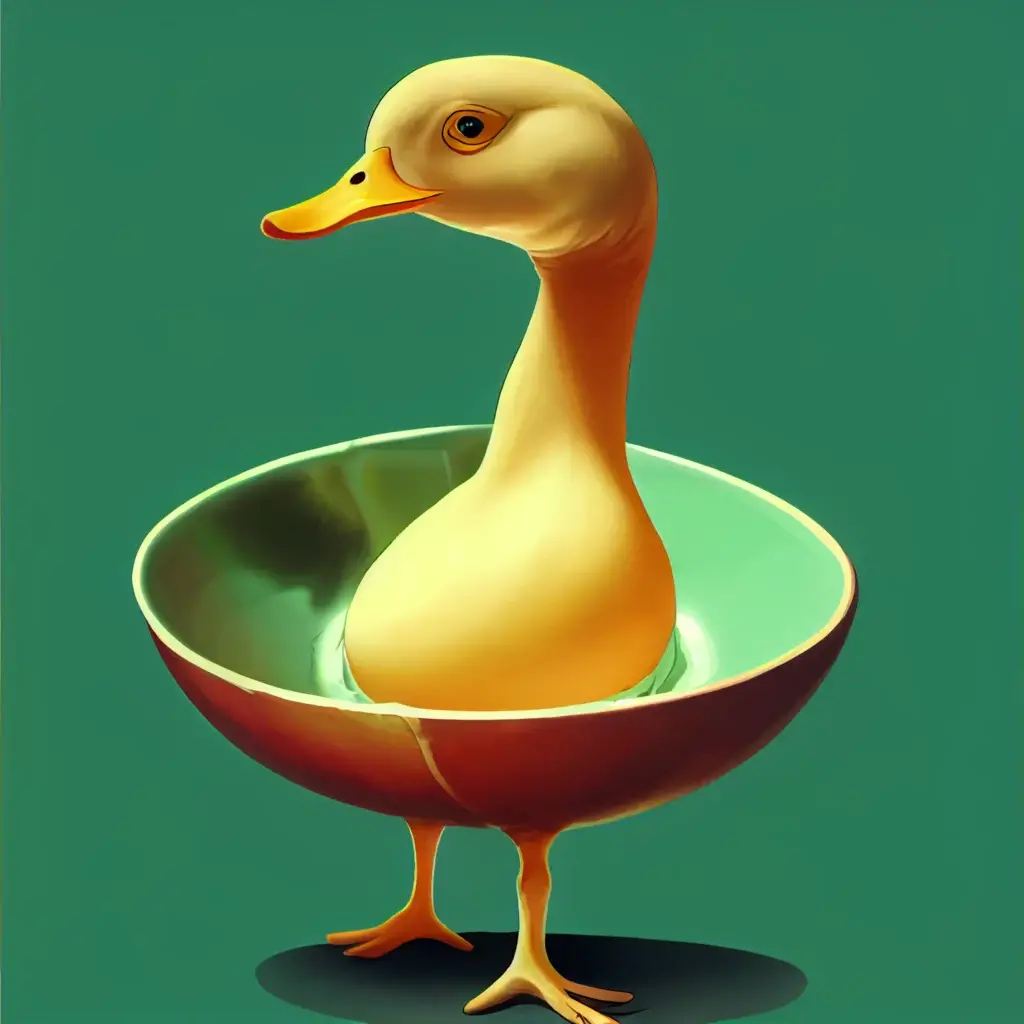 A digital rendering of a duck poking out of an eggshell