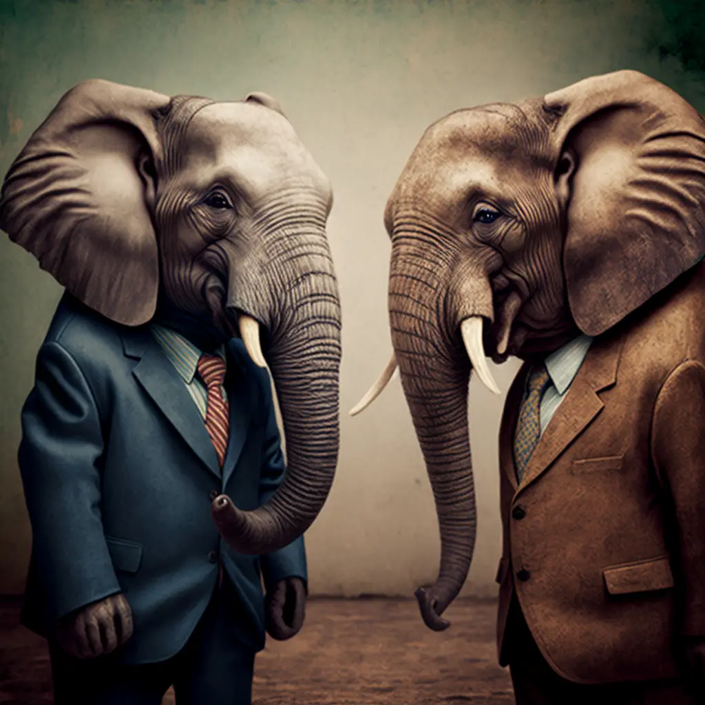 Two elephants in business suits