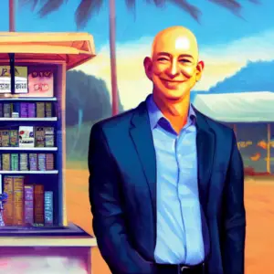 A bald man standing beside a newstand selling books and kindles