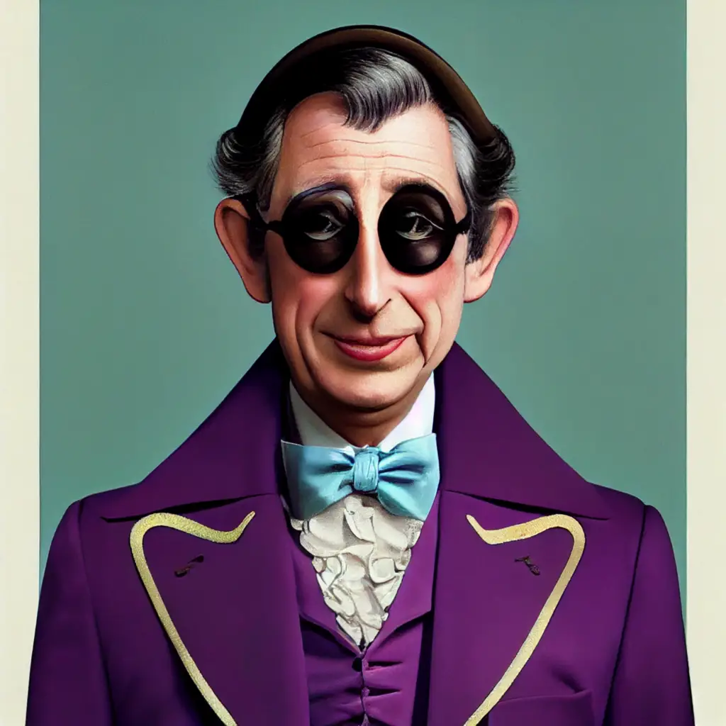 A digital rendering of Prince Charles as Willy Wonka