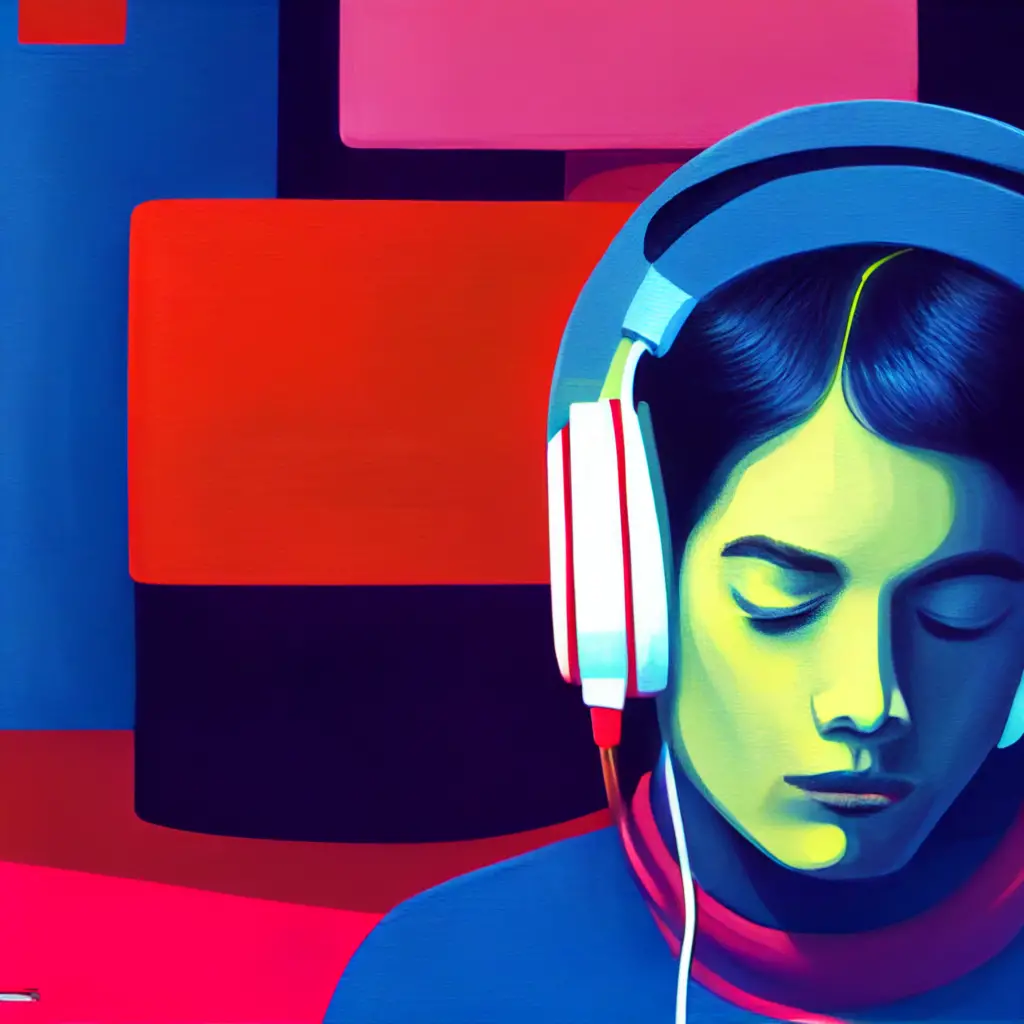 A digital rendering of a woman listening to music on her headphones