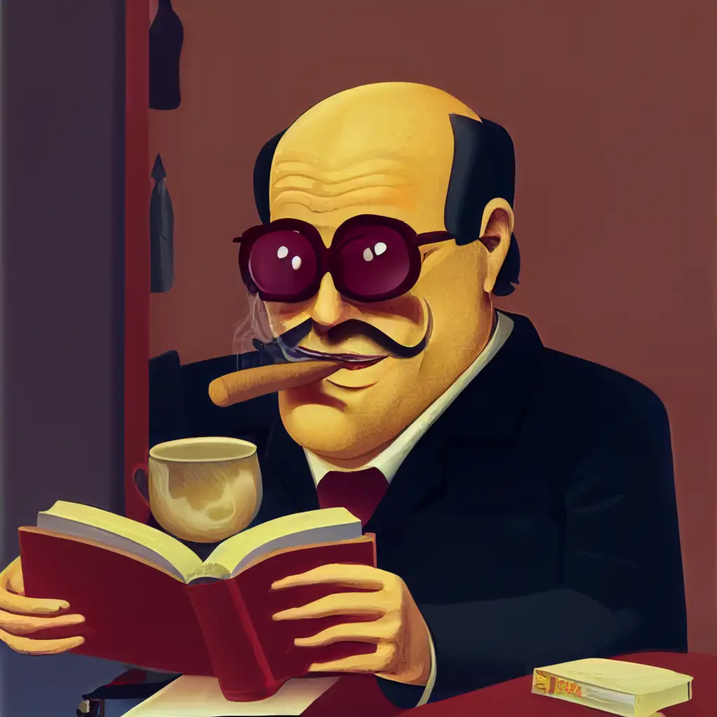 A digital drawing of a rich man smoking a cigar reading a book