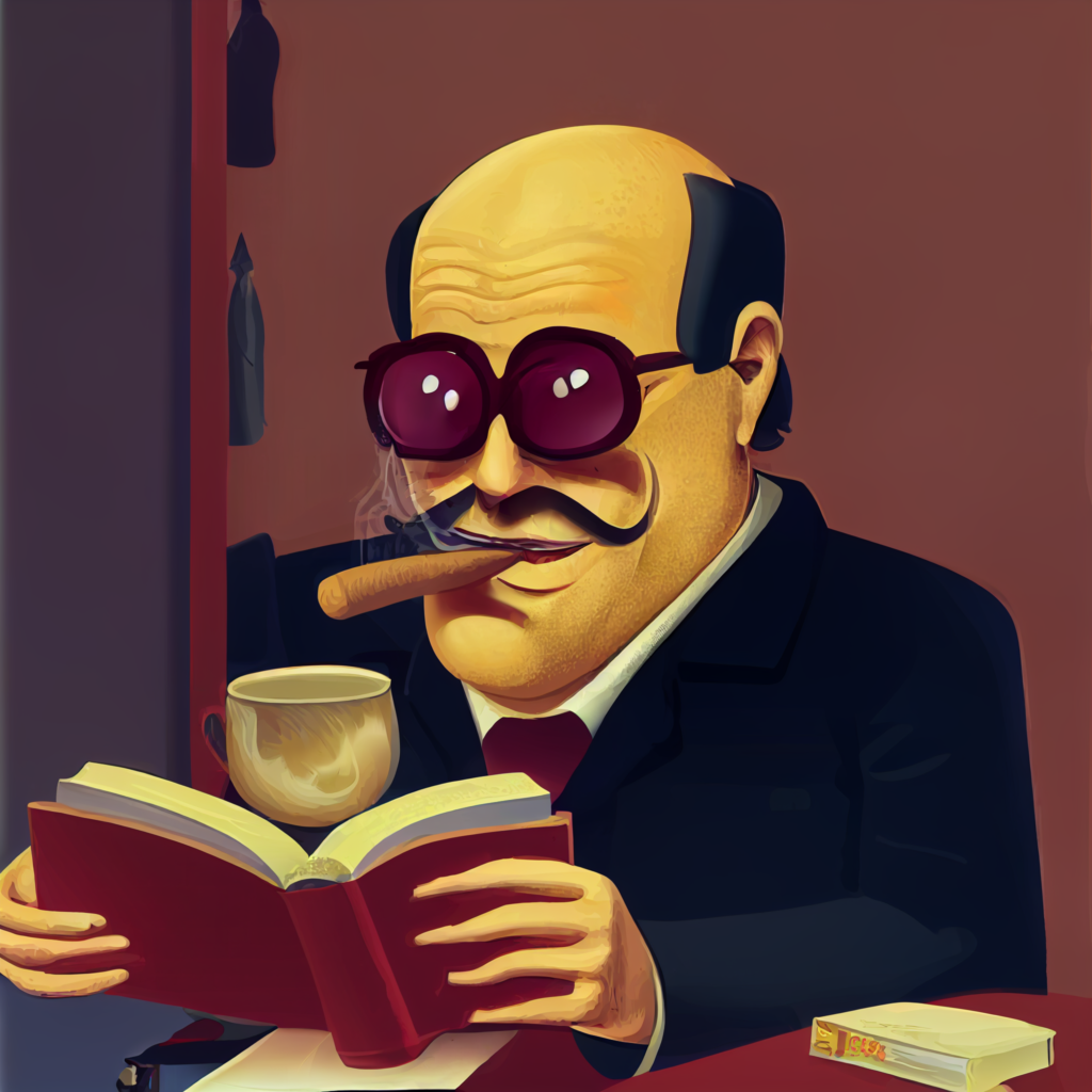 A digital drawing of a rich man smoking a cigar reading a book