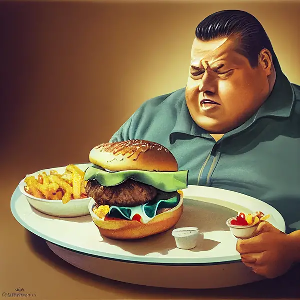 chubby man about to dig into a cheeseburger dinner
