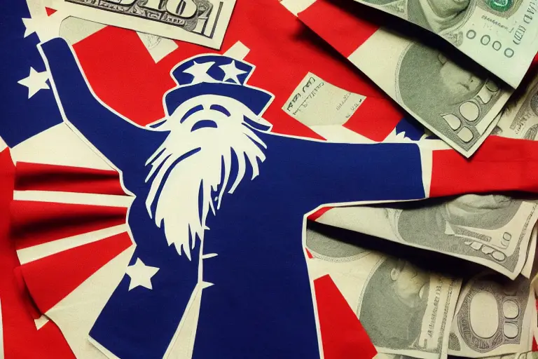 Stylized cartoon of Uncle Sam with stars and stripes and money in background