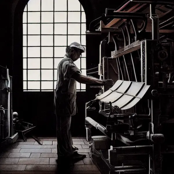 computer generated image of a man using a printing press