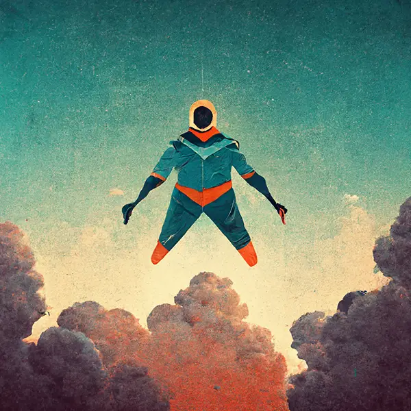 computer generated image of a superhero in the clouds