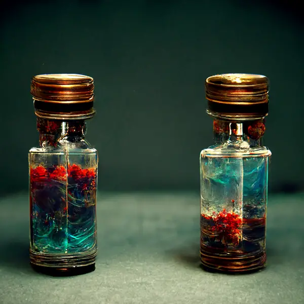computer generated image of two vials on a table