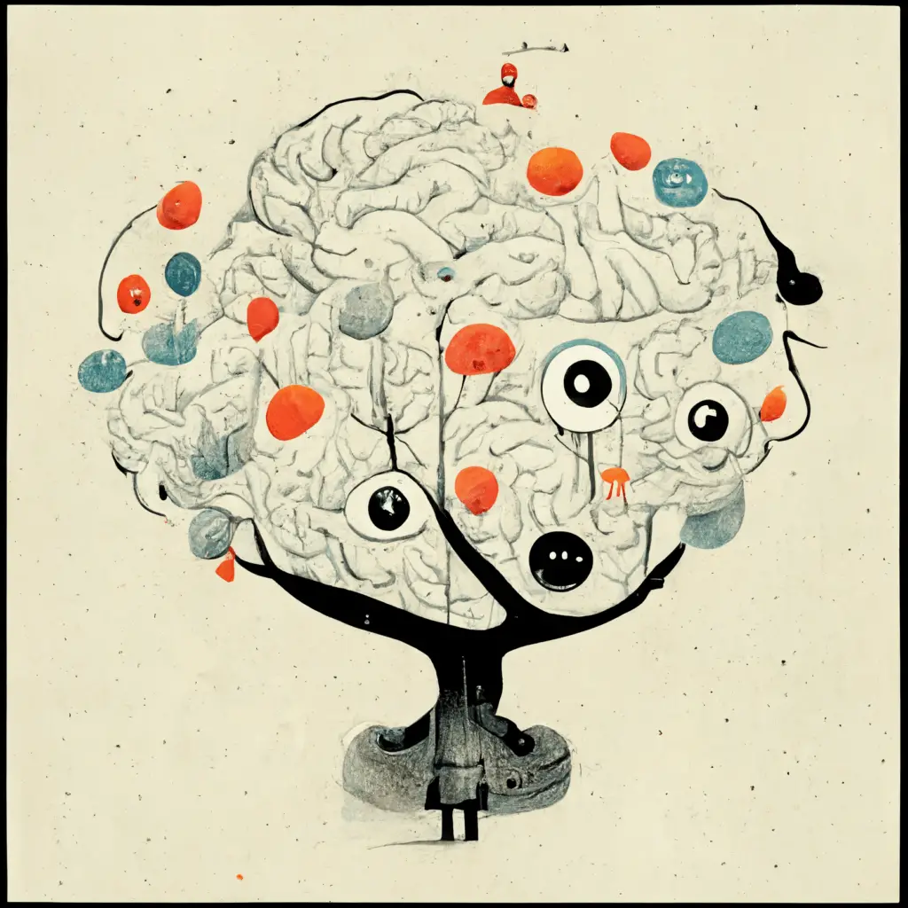 An abstract drawing of human cognitive biases forming a tree and brain