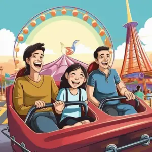 Family visiting amusement park cartoon fun things to do on weekend
