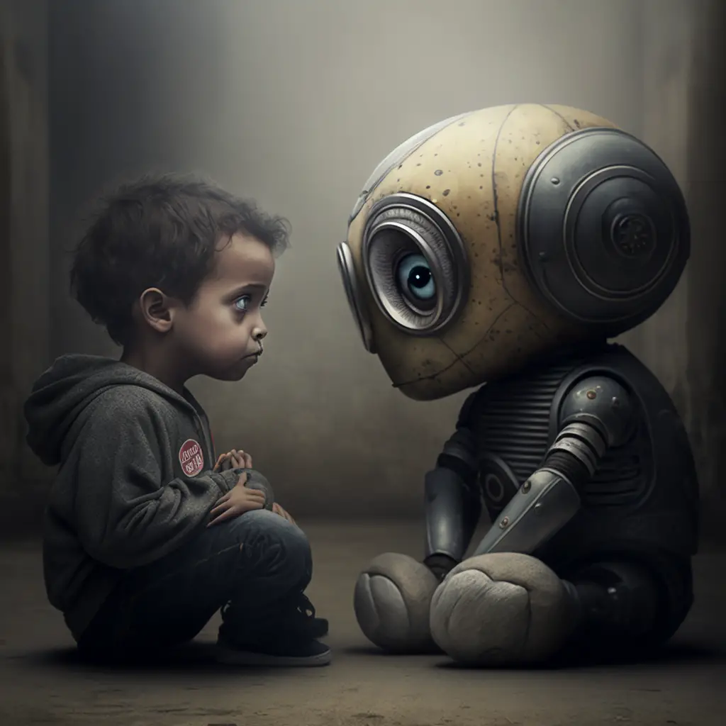a kid looking at a robot