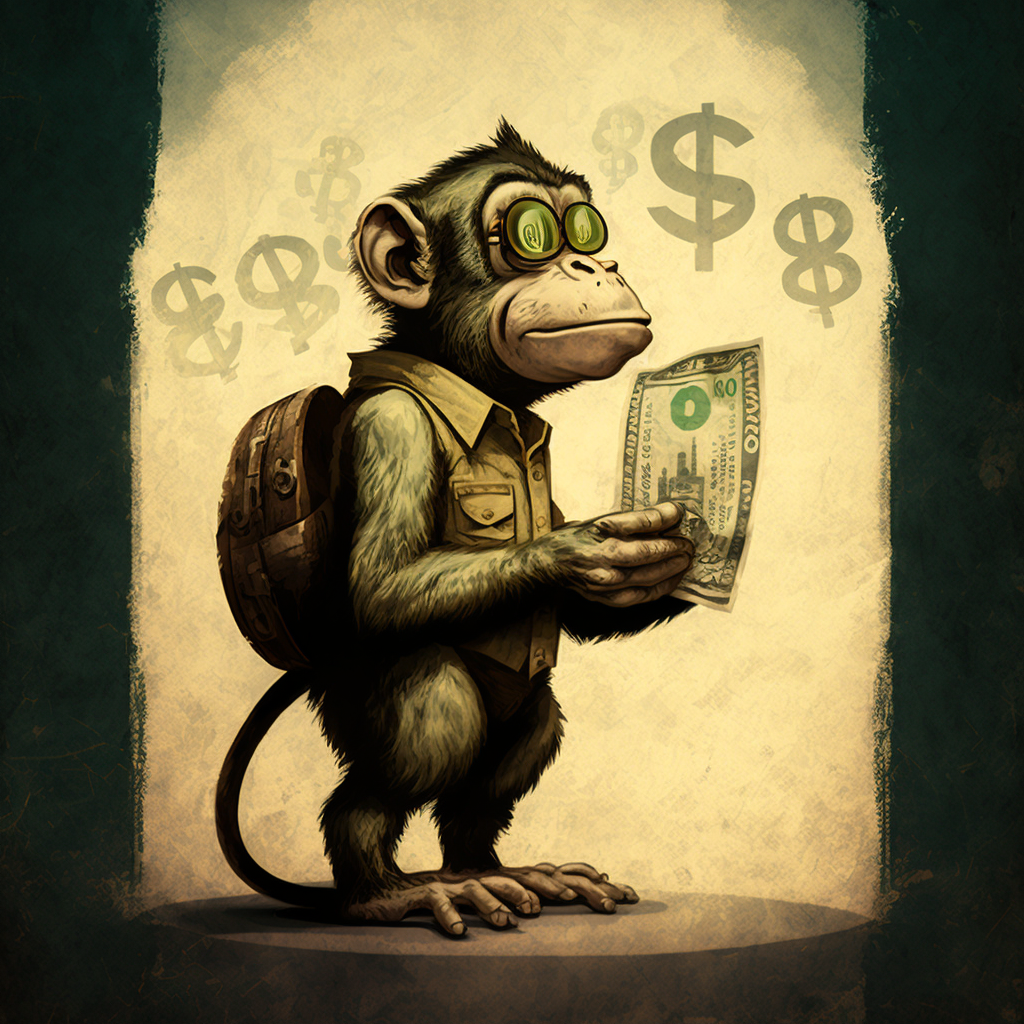 A monkey holding a dollar bill