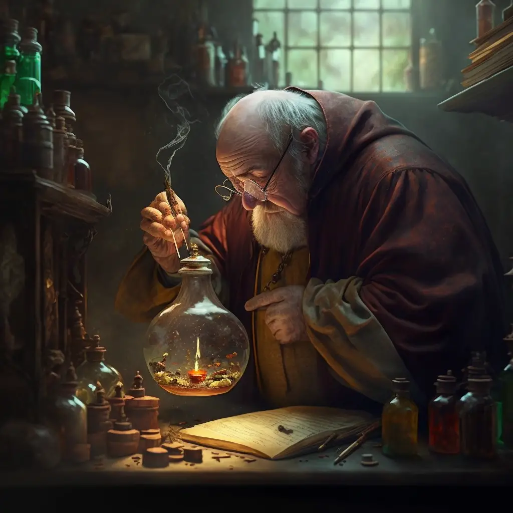 a computer generated picture of a alchemist doing an experiment