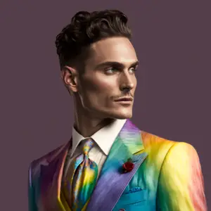 a computer generated picture of a man in a rainbow suit