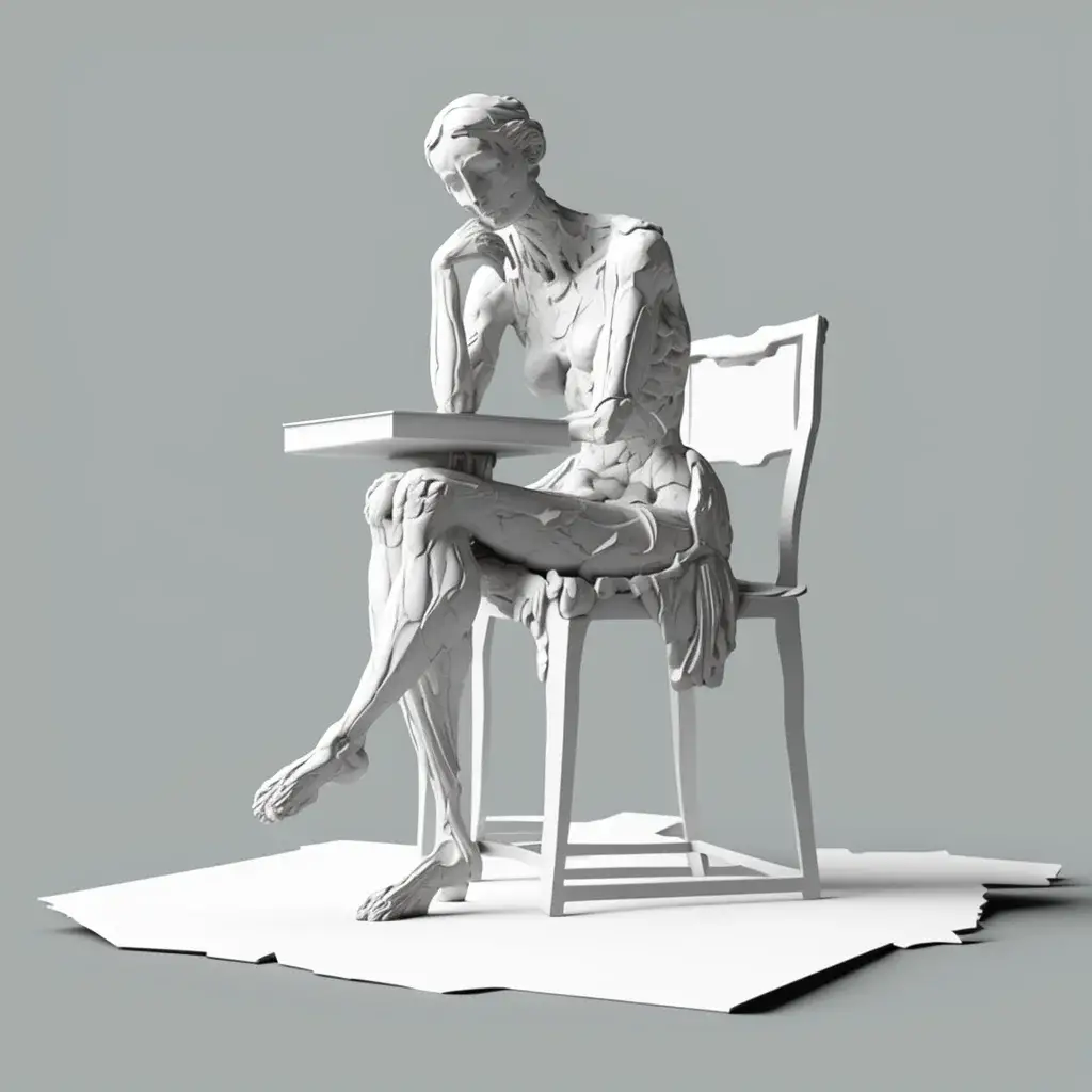 A statue of a writer passively writing at a desk