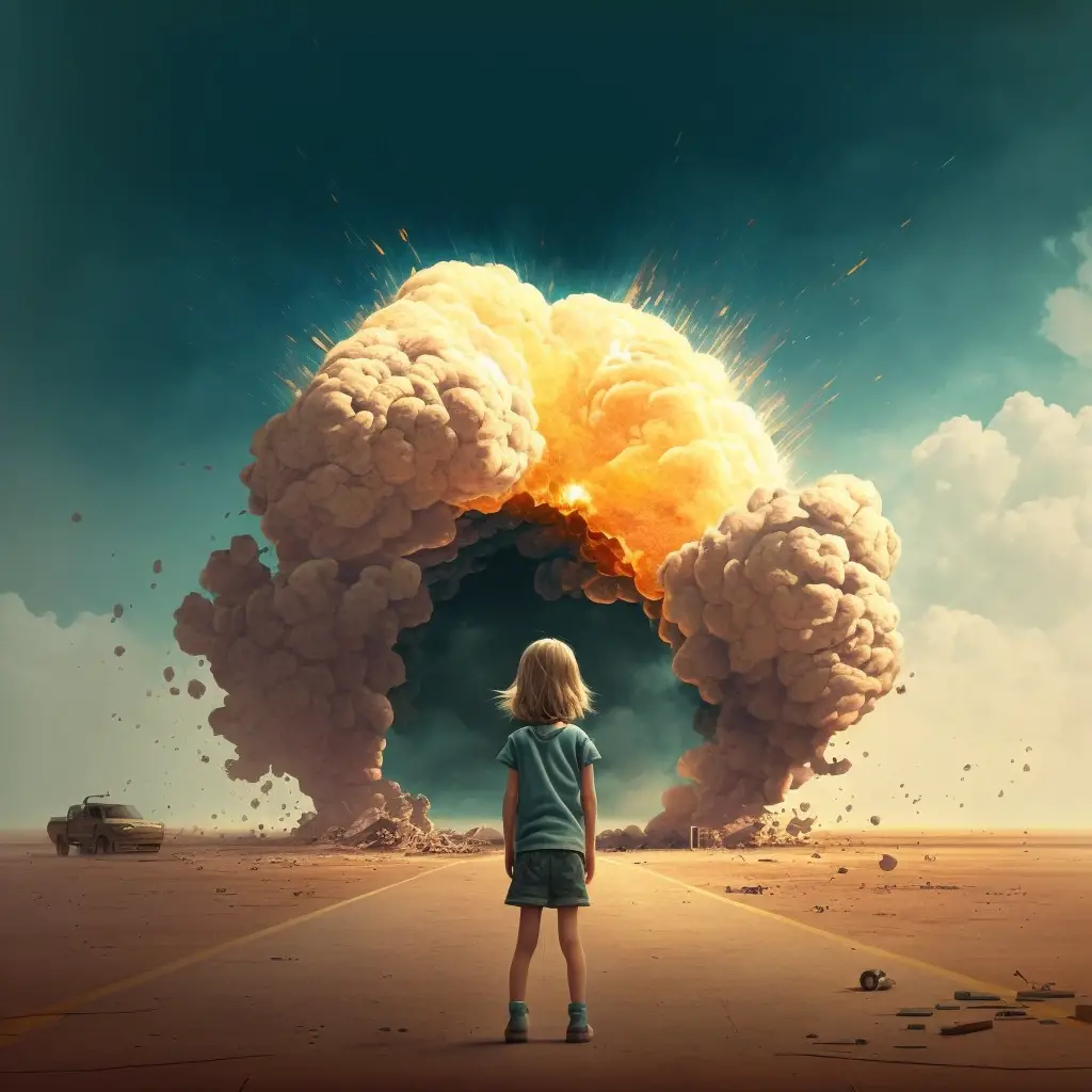 A girl standing in front of a huge explosion signifying sentence starters in essays