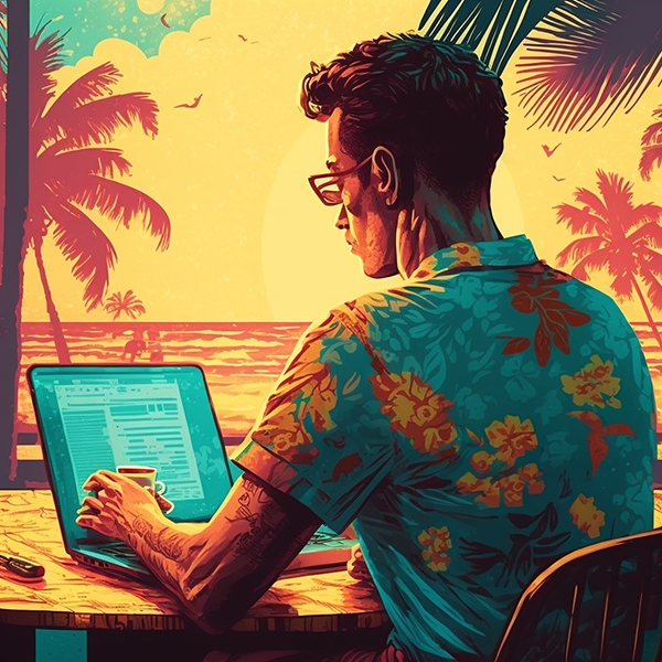 a man in a Hawaiian shirt working on a computer at the beach