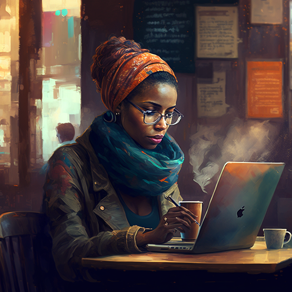 a woman dressed in warm clothing writing on a laptop