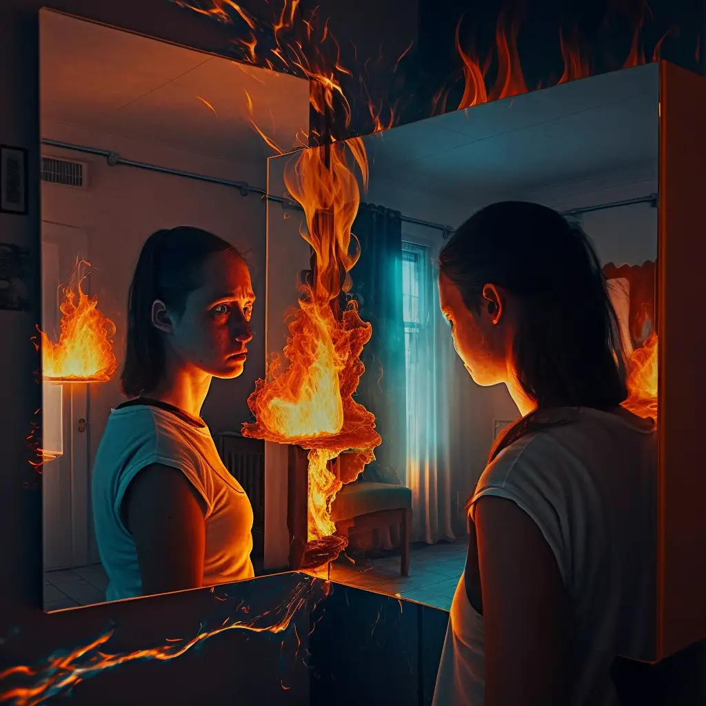 a woman staring at herself in a mirror while the house around her burns