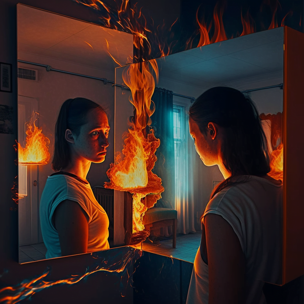 a woman staring at herself in a mirror while the house around her burns