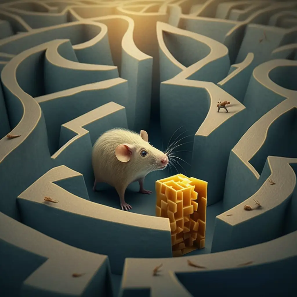 a rat in a maze looking at a mazey piece of cheese