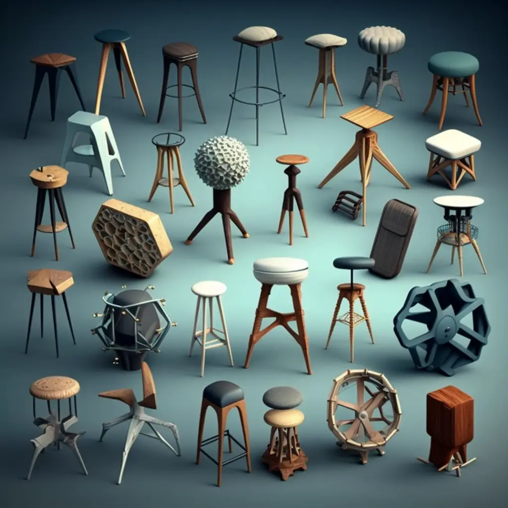 a bunch of different kind of stools and chairs to represent a category in the prototype theory of psychology