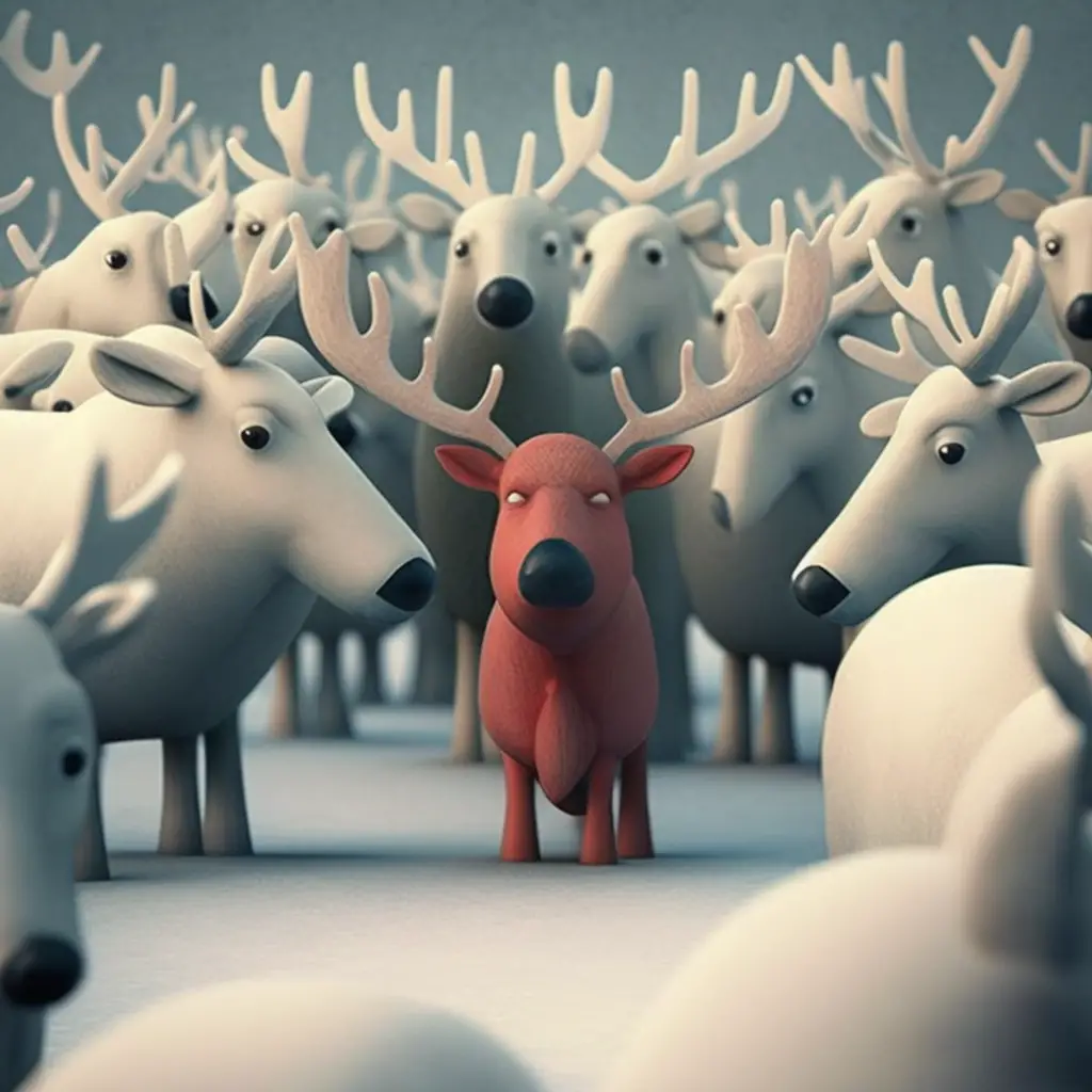 on tawny reindeer surrounded by a bunch of white reindeer as an example of in-group bias in psychology