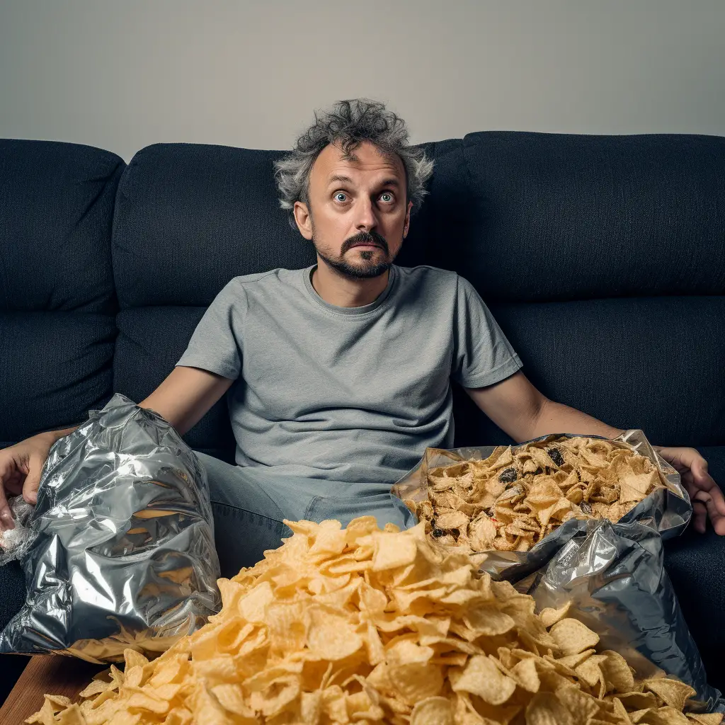 a person on a couch surrounded by chips to illustrate neologism in writing as goblin mode