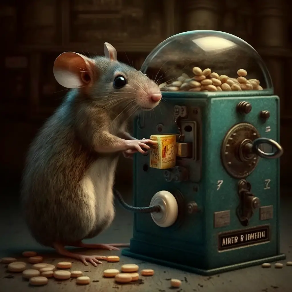 a mouse inserting a some cheese in a machine to get some treats to represent operant behavior