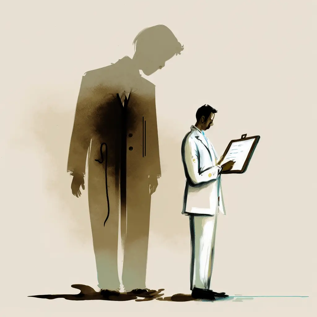 a doctor holding a clipboard with a large moody sillouette behind hime demonstrating operational definition of psychology
