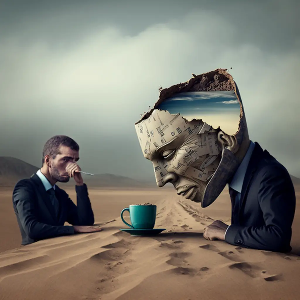a big old dummy broken head sand man sitting across from a guy in a suit, a cup of coffee between then, a sand dune is their table, this is a psychological debriefing