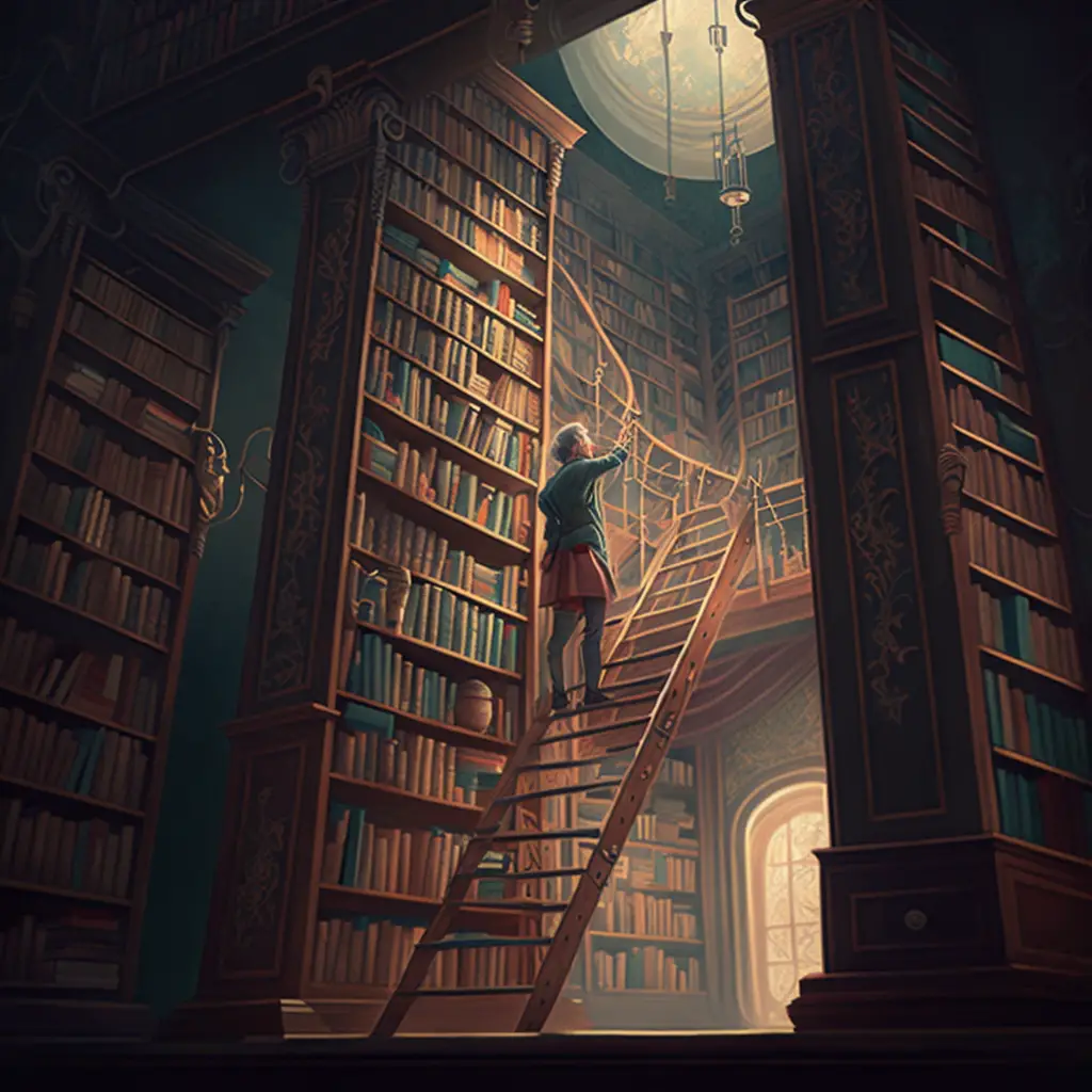 a person climbing stairs in a vast library looking for a book to deomstrate the