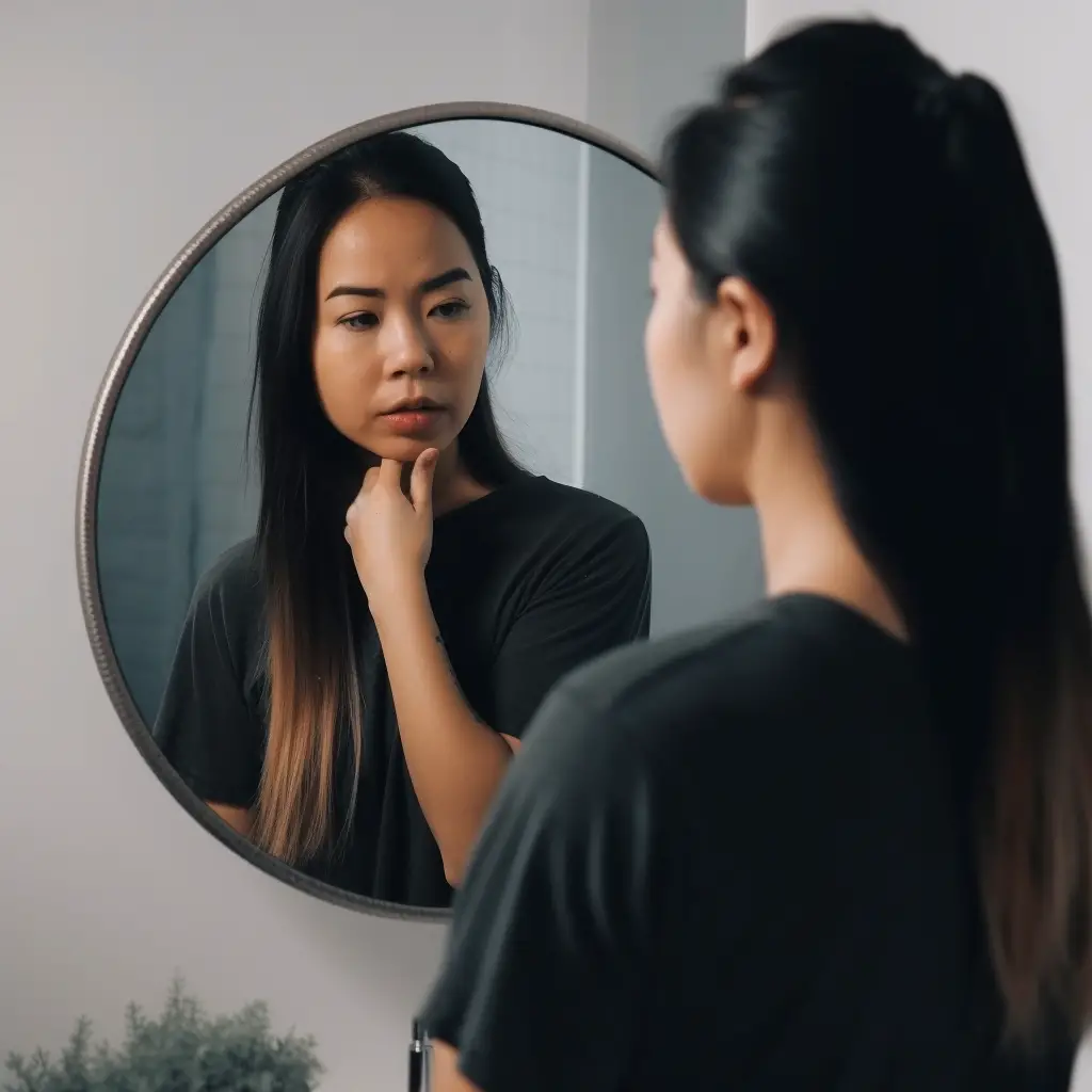 a woman staring in a mirror illustrating should statements in psychology