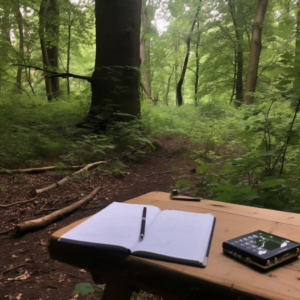 What is Anadiplosis? A notebook and pen on a writing desk in a forest