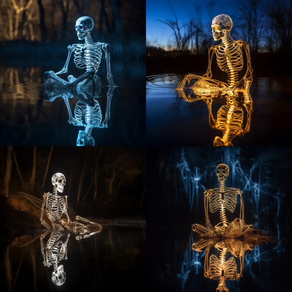 What is Midjourney? A bunch of glowing skeletons reflecting in the water AI art generated