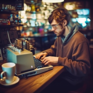 hacker with modern tech at coffee shop