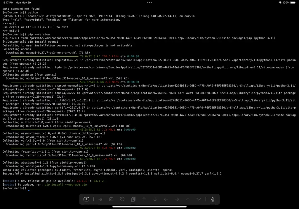 installing openai with pip with a-shell on an iPad