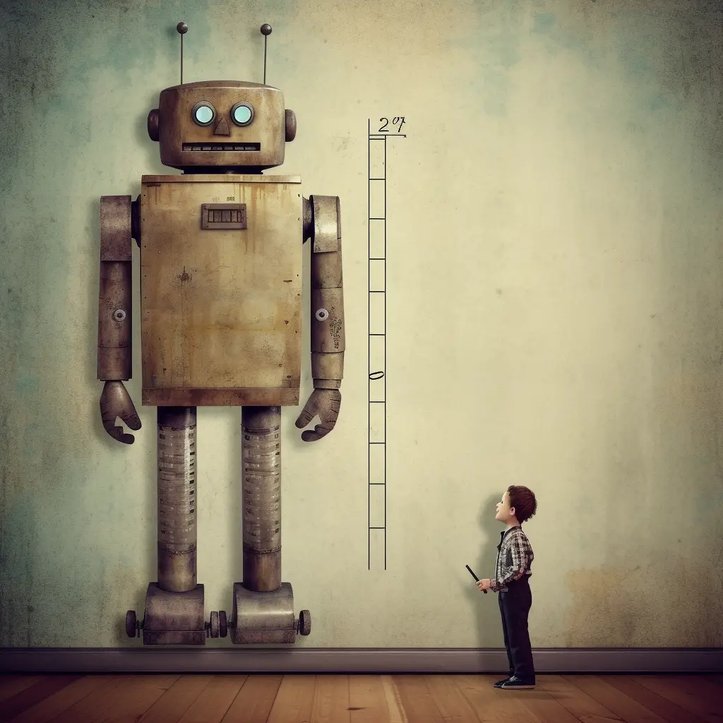 A robot being measured by height showing How to Change Image Height and Size in Midjourney With the Aspect Ratio Function