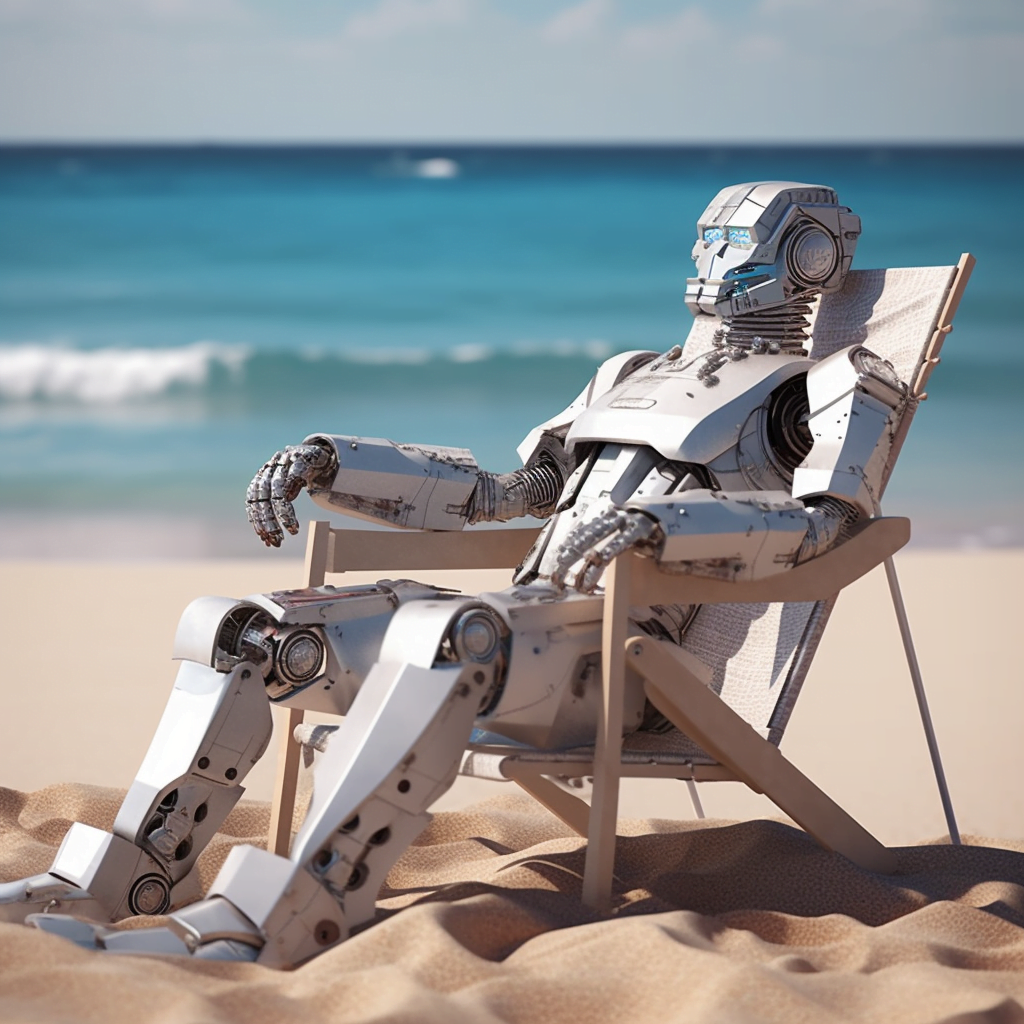 A robot relaxing on a beach showing How to Use Relax Hours vs Fast Hours in Midjourney