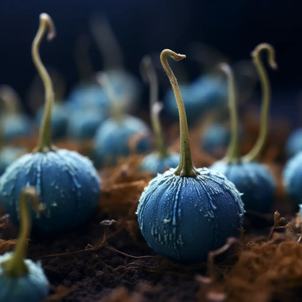 Blue fuzzy seeds sprouting showing How to Use the Seed Function in Midjourney