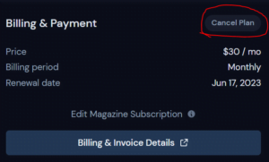 Cancel Midjourney subscription screenshot