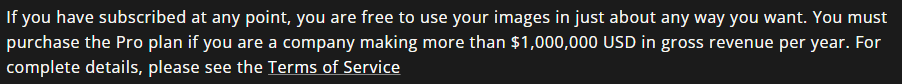 A note from Midjourney saying users from companies with over $1 million in revenue have to take the pro plan