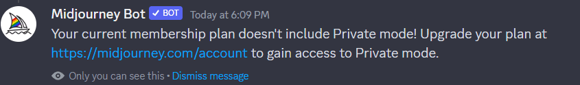 Message showing can't activate private mode in Midjourney