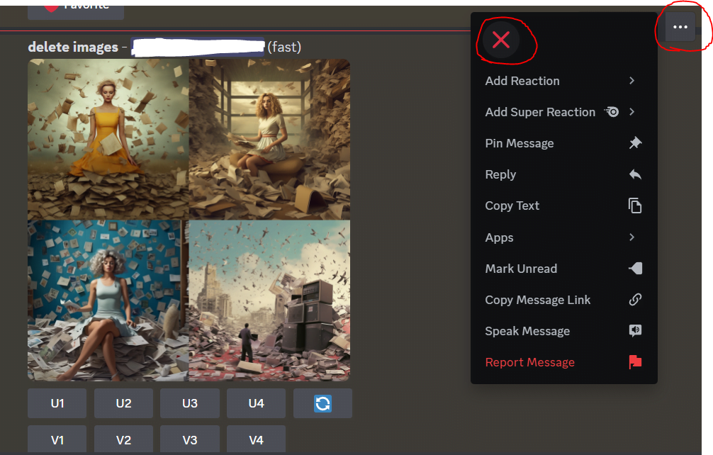 Showing how to delete an image in Midjourney on Discord