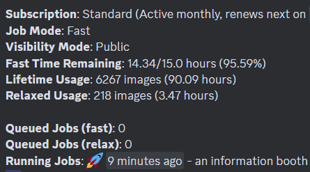 Showing the /info command box information in Midjourney